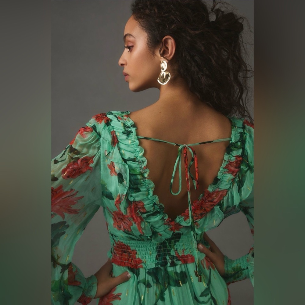 Anthropologie Odetta Ruffled V-Neck Maxi Dress S Green Floral Boho - Picture 4 of 8